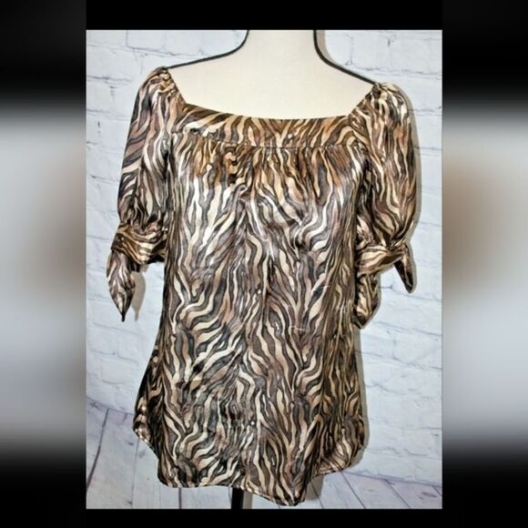 Allison Taylor Top Women's Brown Zebra Striped Short Tie Sleeve Blouse Top Small - Picture 1 of 8